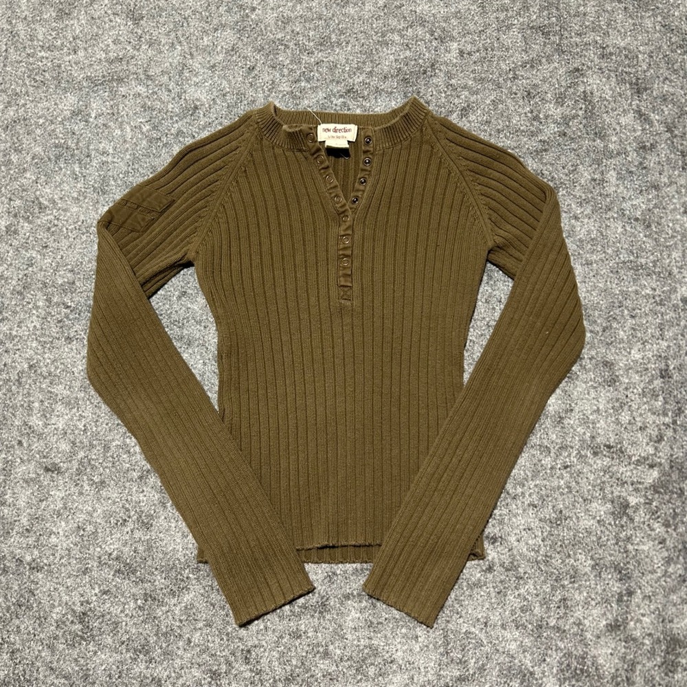 New Direction Ribbed Henley Sweater Brown Olive Snap Neck Size Large - Picture 3 of 6